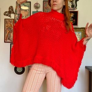 Vintage 70s red orange turtleneck poncho